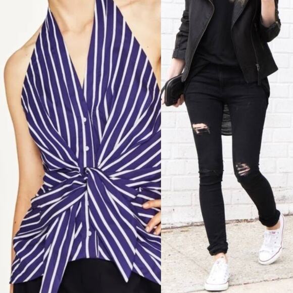 Zara Women Slim Fit Distressed Jeans 4 and Striped Halter Top Size XS & Size 4 - Picture 1 of 12